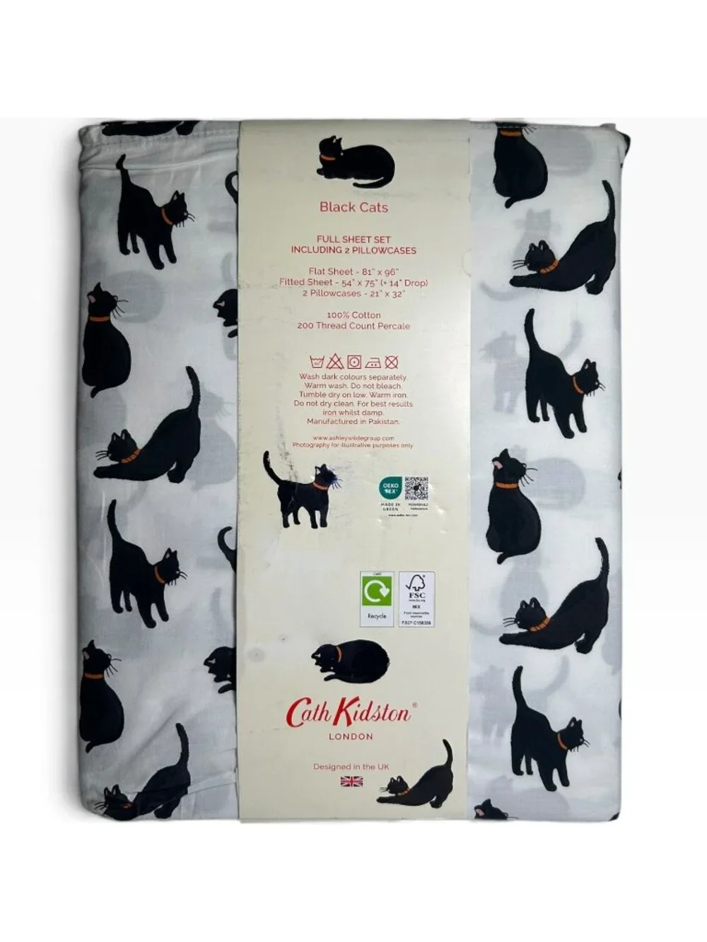 Cath Kidston Black Cats Full Sheet Set 100% Cotton Percale 4 Pc Bedding New